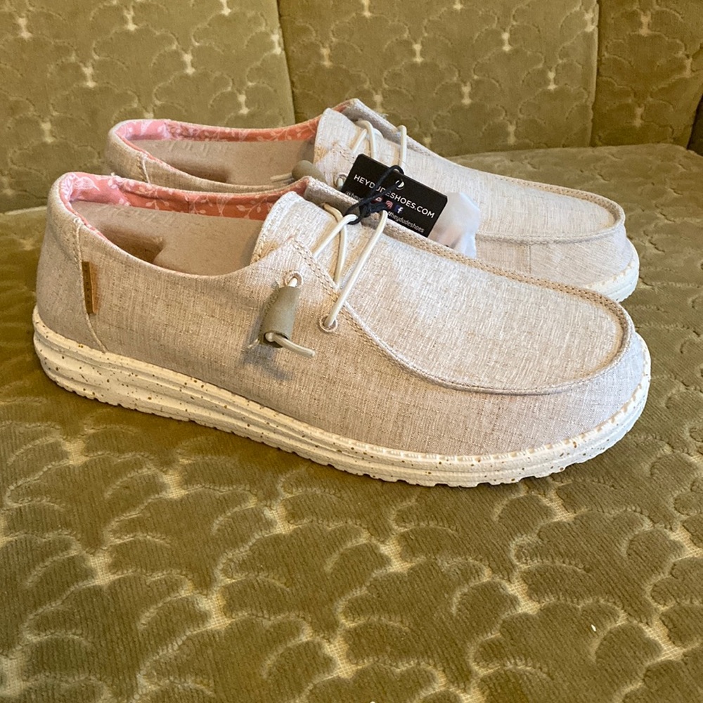 Hey dude womens chambray white nut shoes. Brand new, never worn, with tags!!!